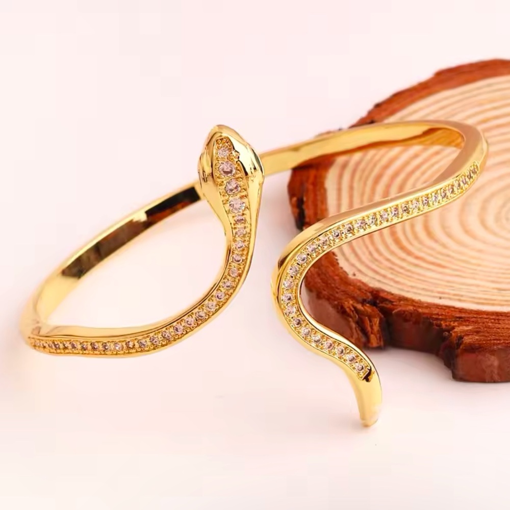💎 New 18K Gold Plated CZ Crystal Green Eyes Snake 🐍 Bangles Cuff Bracelets